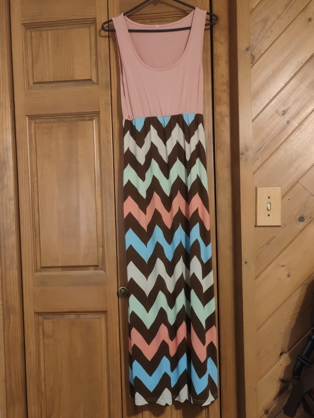 Source Unknown Pink Tank Maxi Dress with Multi-Color Chevron Skirt